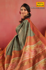 Pista Green Silk Saree with Contrast Rust Border & Floral Pallu