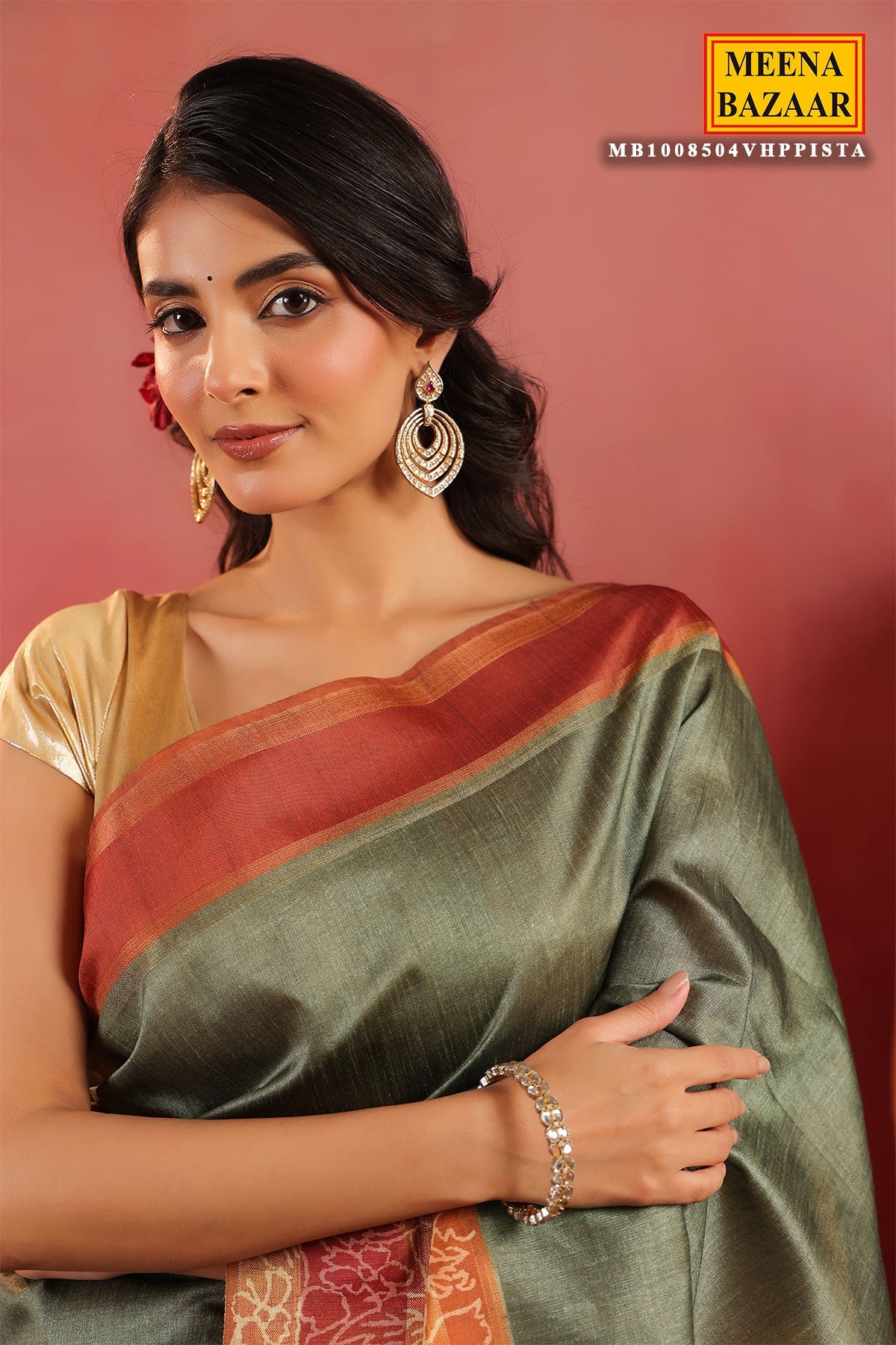 Pista Green Silk Saree with Contrast Rust Border & Floral Pallu