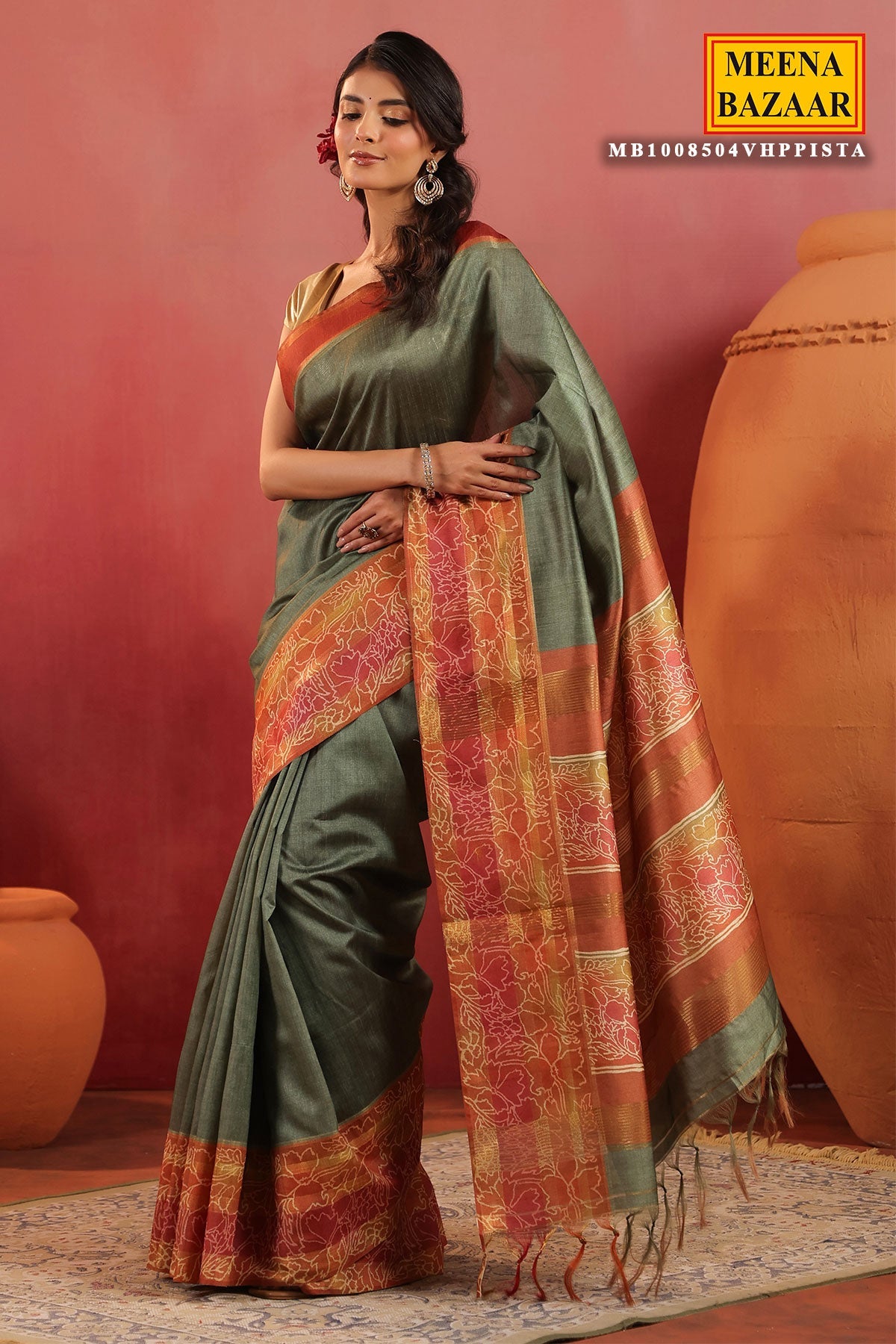 Pista Green Silk Saree with Contrast Rust Border & Floral Pallu
