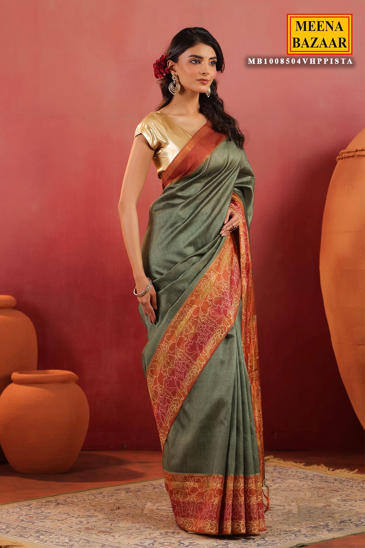 Pista Green Silk Saree with Contrast Rust Border & Floral Pallu