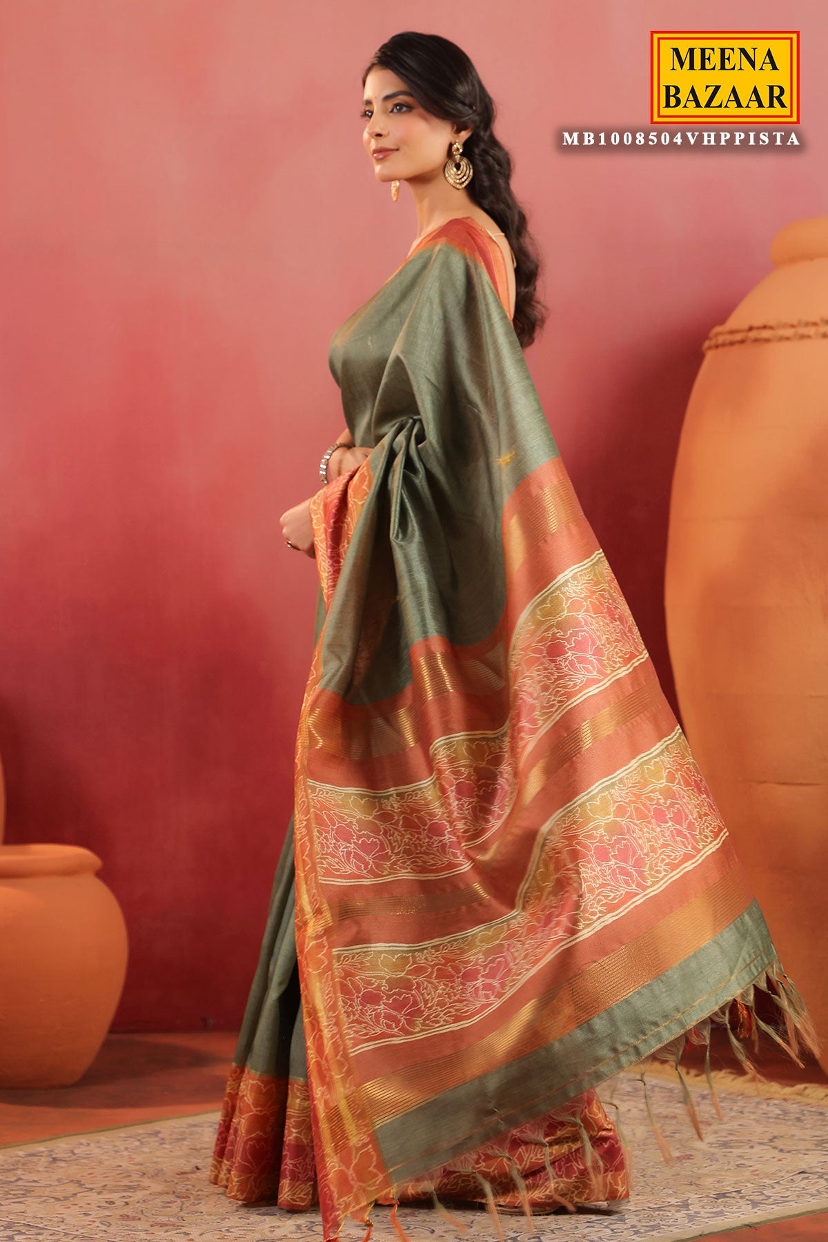 Pista Green Silk Saree with Contrast Rust Border & Floral Pallu