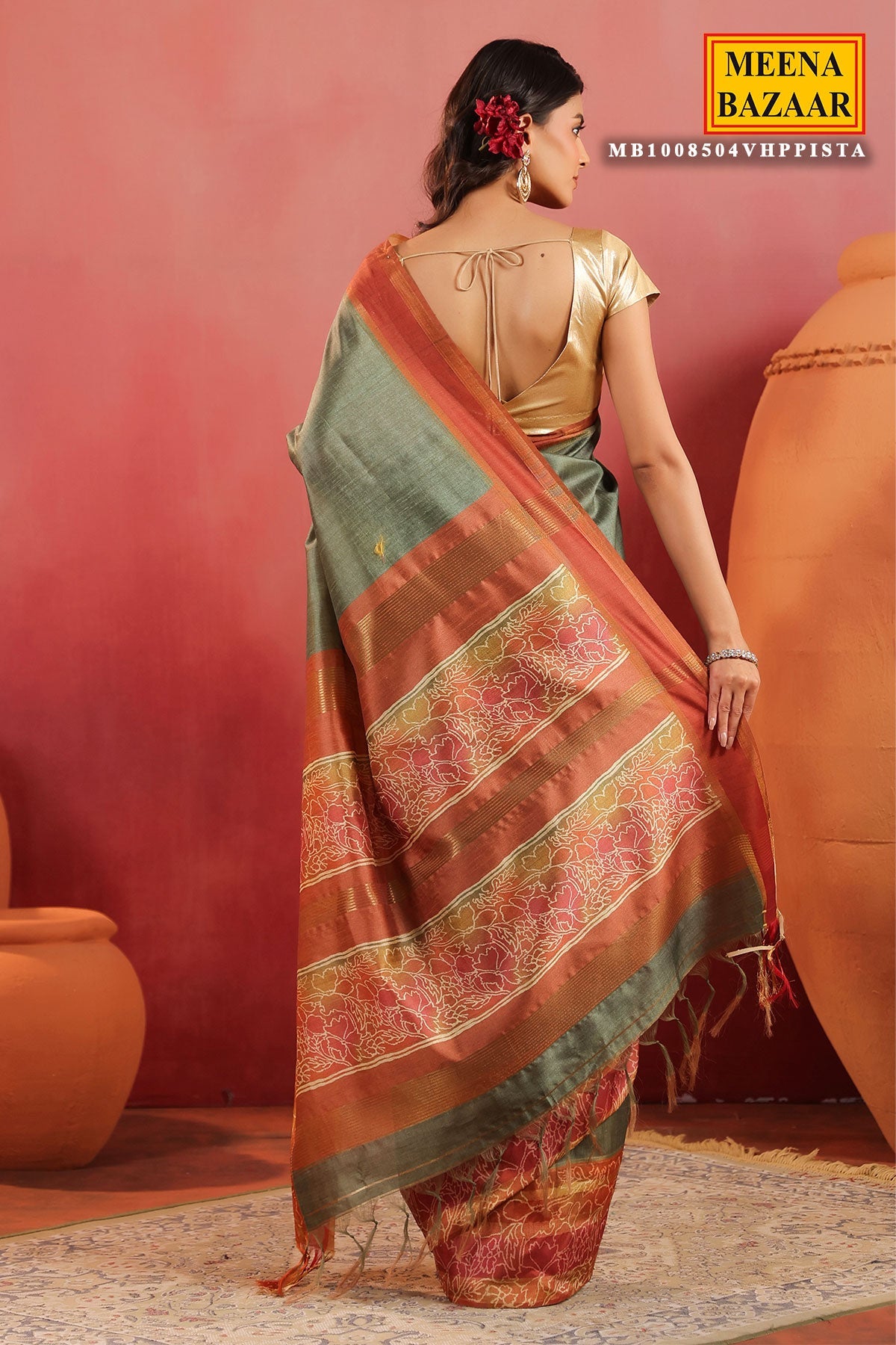 Pista Green Silk Saree with Contrast Rust Border & Floral Pallu