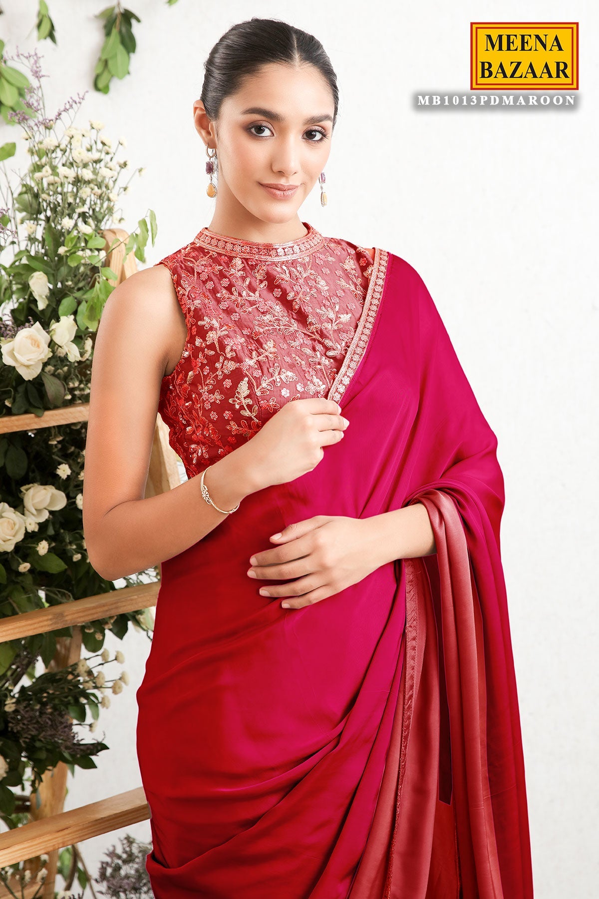 Maroon Satin Embroidered Saree