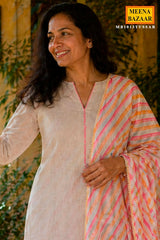 Tussar Unstitiched Suit Set with Striped Dupatta & Pink Pants for Women
