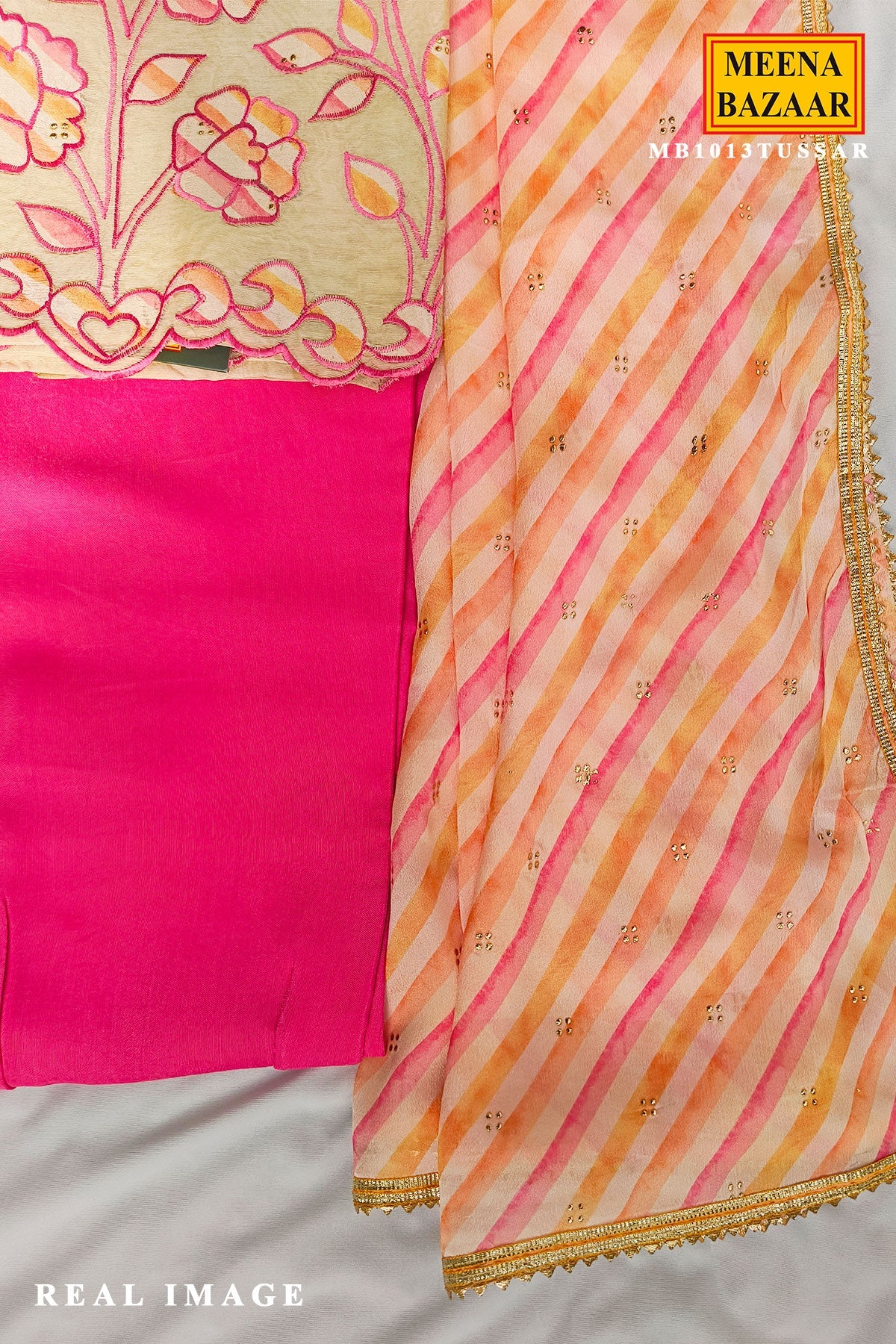 Tussar Unstitiched Suit Set with Striped Dupatta & Pink Pants for Women