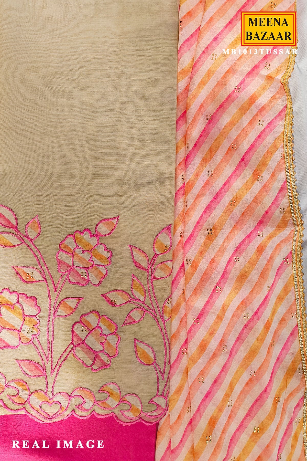 Tussar Unstitiched Suit Set with Striped Dupatta & Pink Pants for Women