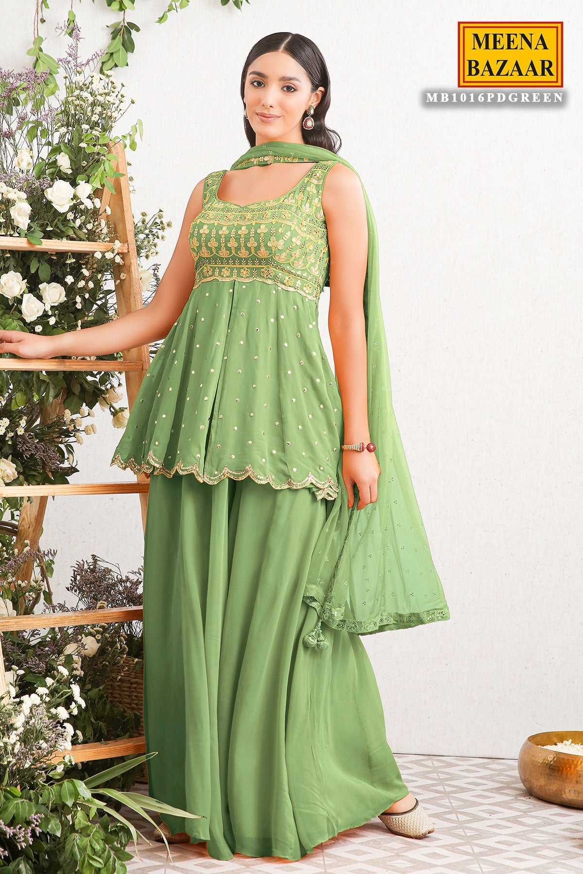 Green Georgette Embroidered Sharara Ready Made Suit
