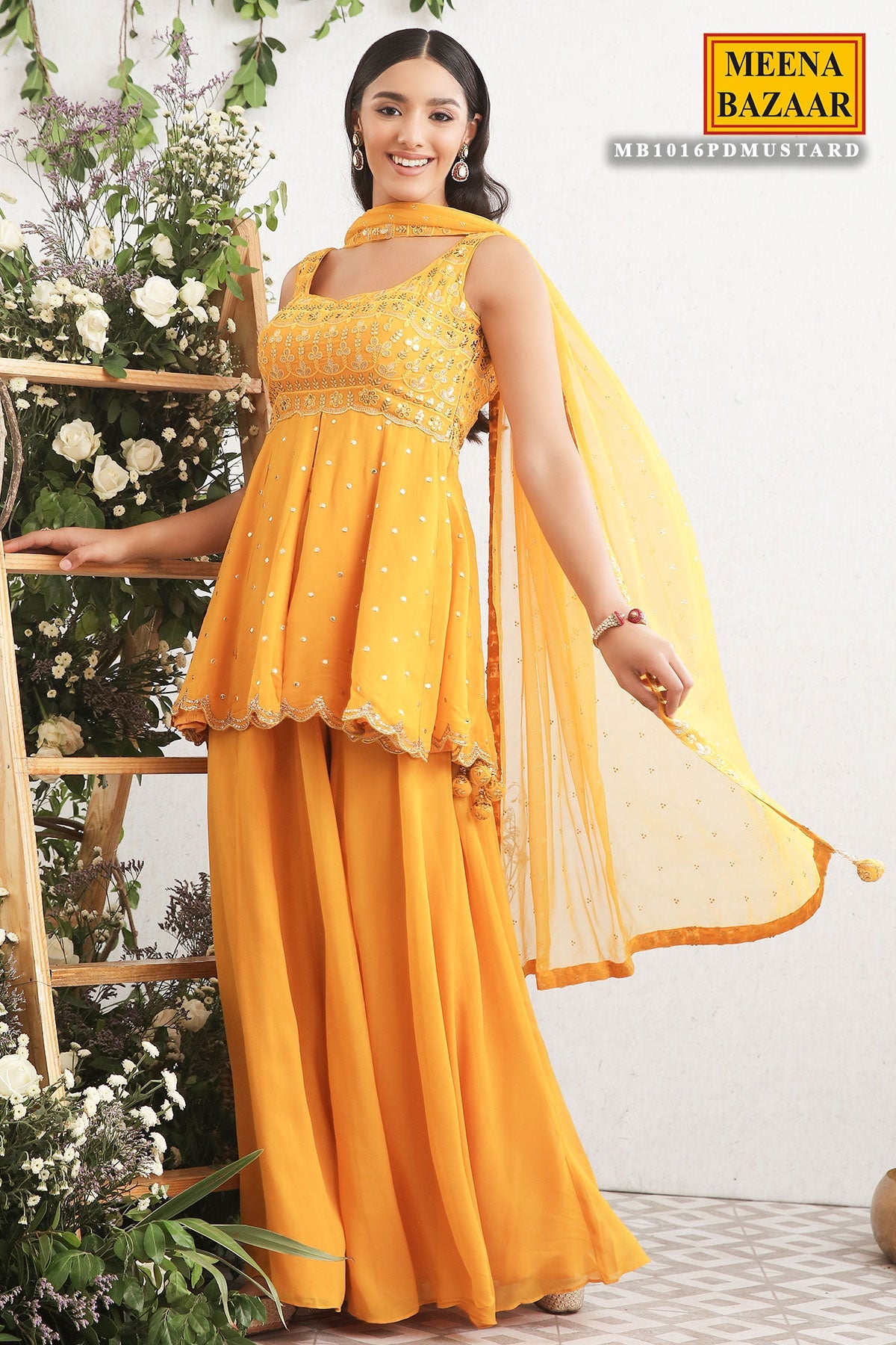 Mustard Georgette Embroidered Sharara Suit