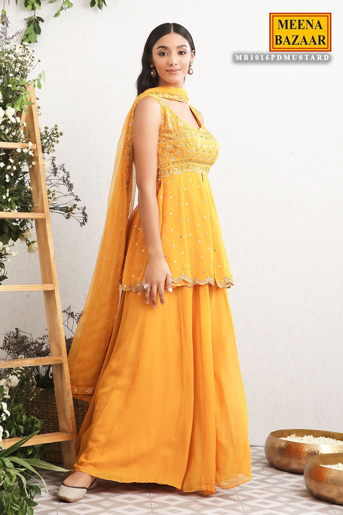 Mustard Georgette Embroidered Sharara Suit