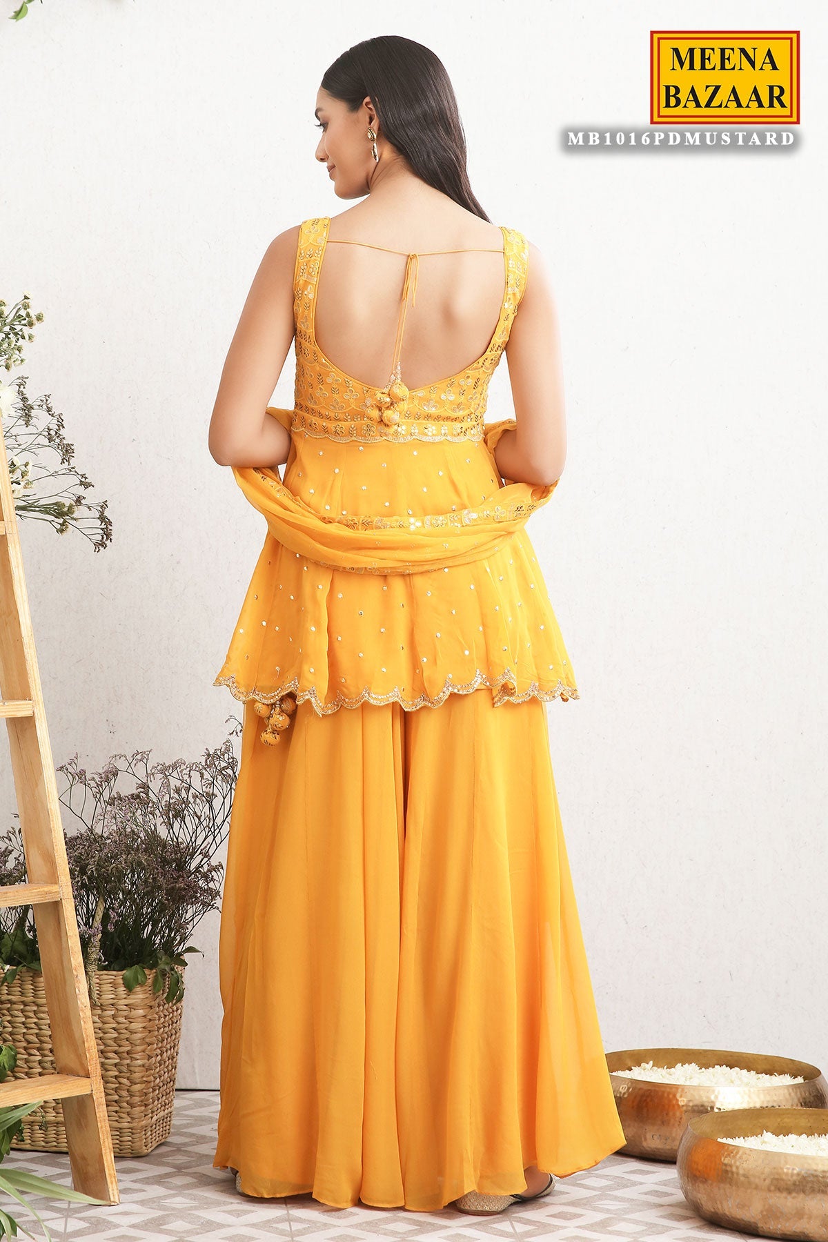 Mustard Georgette Embroidered Sharara Suit