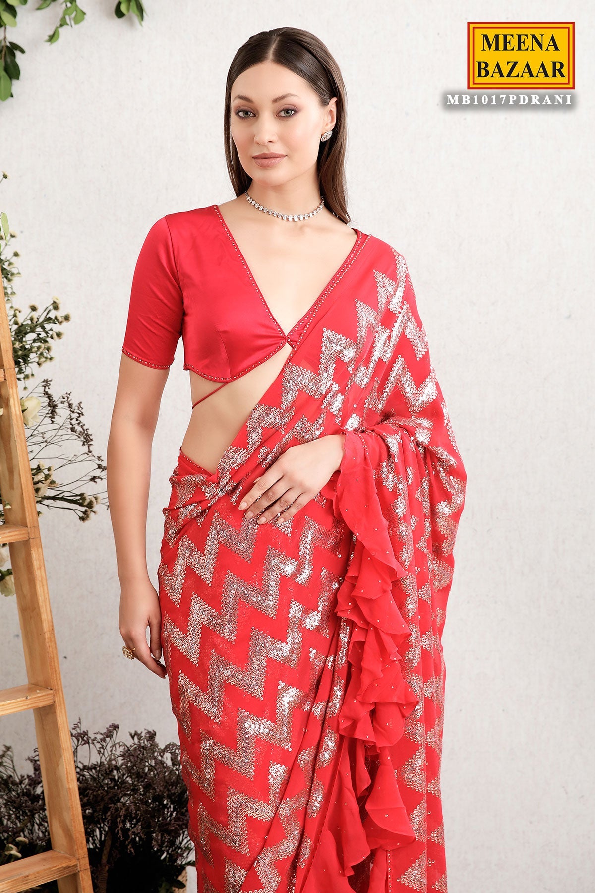 Crimson Red Georgette Embroidered Saree