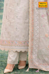 Cream Cotton Embroidered Unstitched Suit