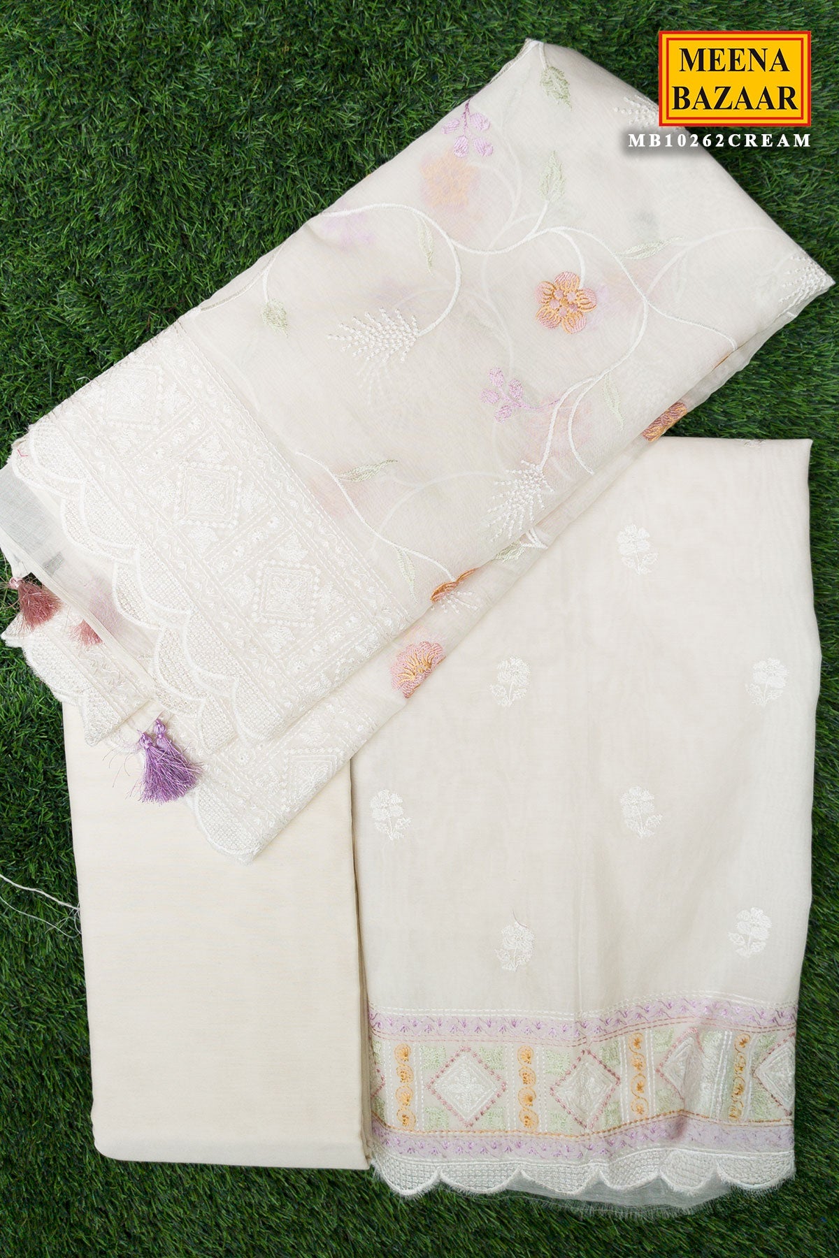 Cream Cotton Embroidered Unstitched Suit