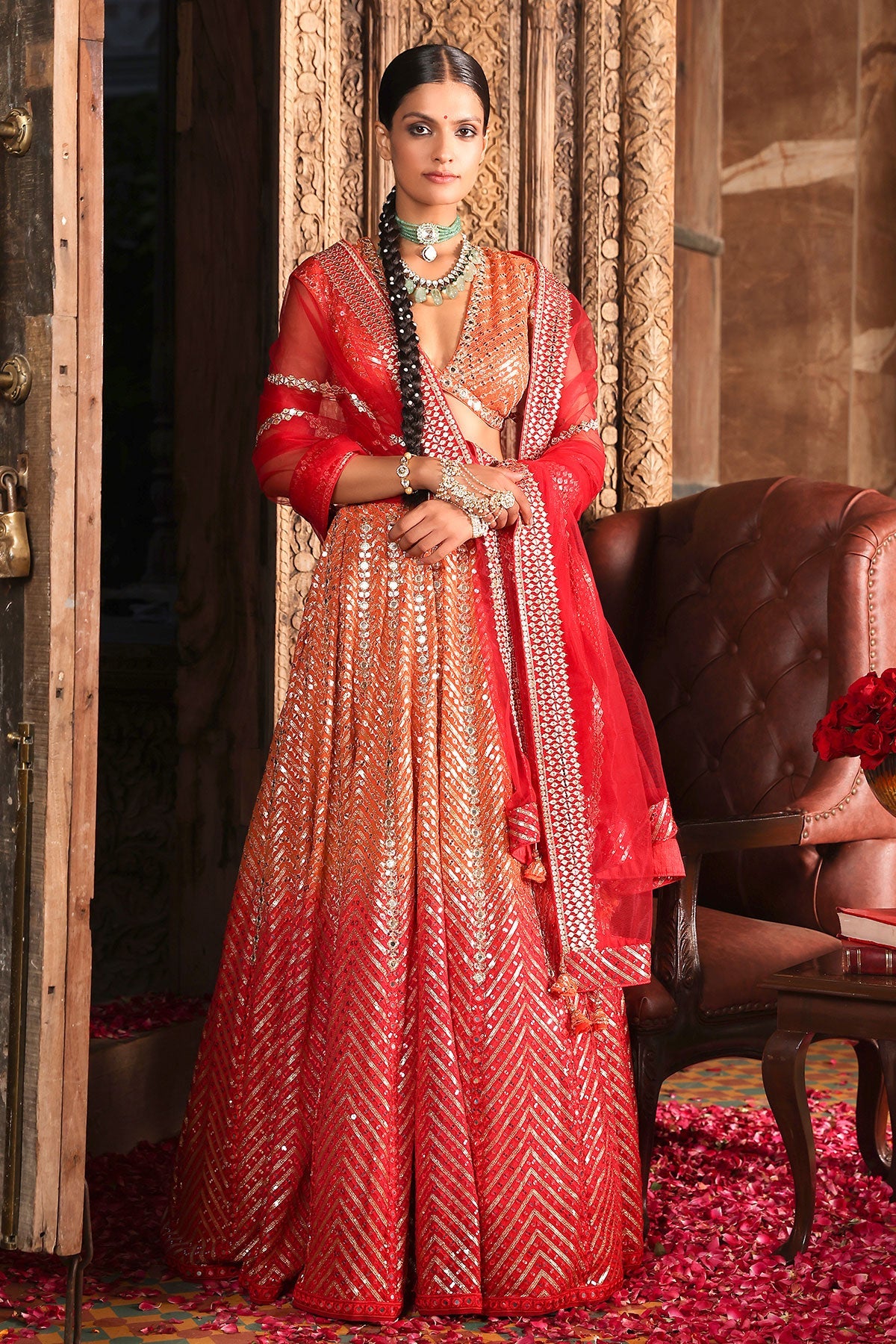 Orangish-Red Georgette Sequins Embroidered Lehenga