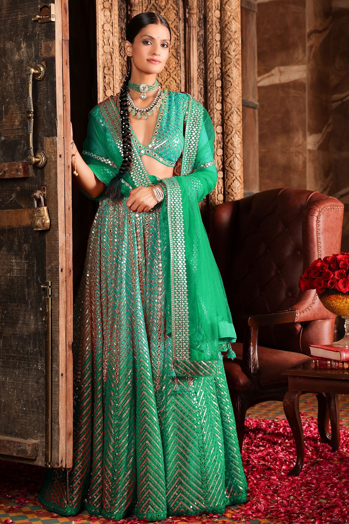 Rama Green Sequins Embroidered Georgette Lehenga