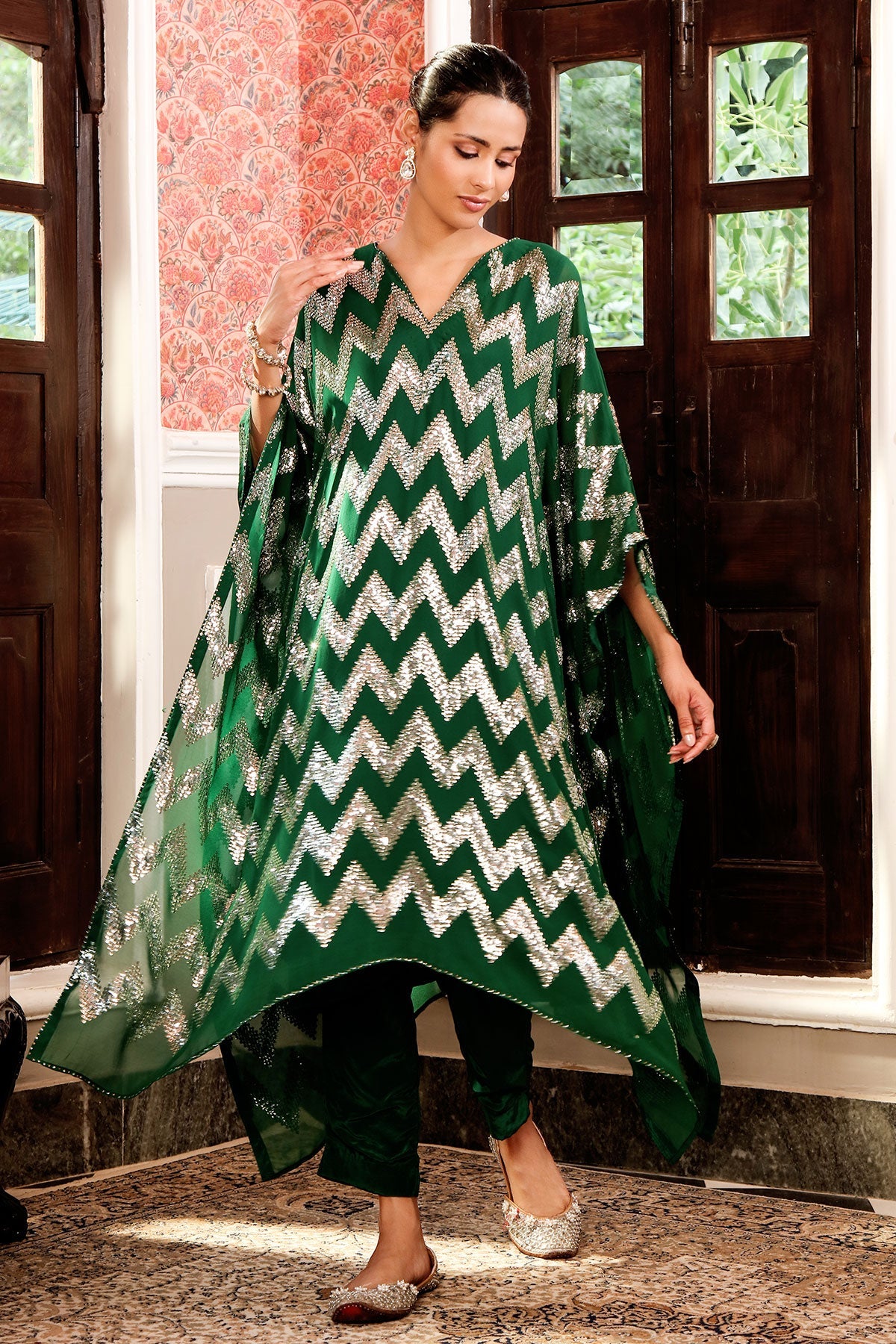 Dark Green Georgette Sequins Embroidered Kaftan-Pant Set