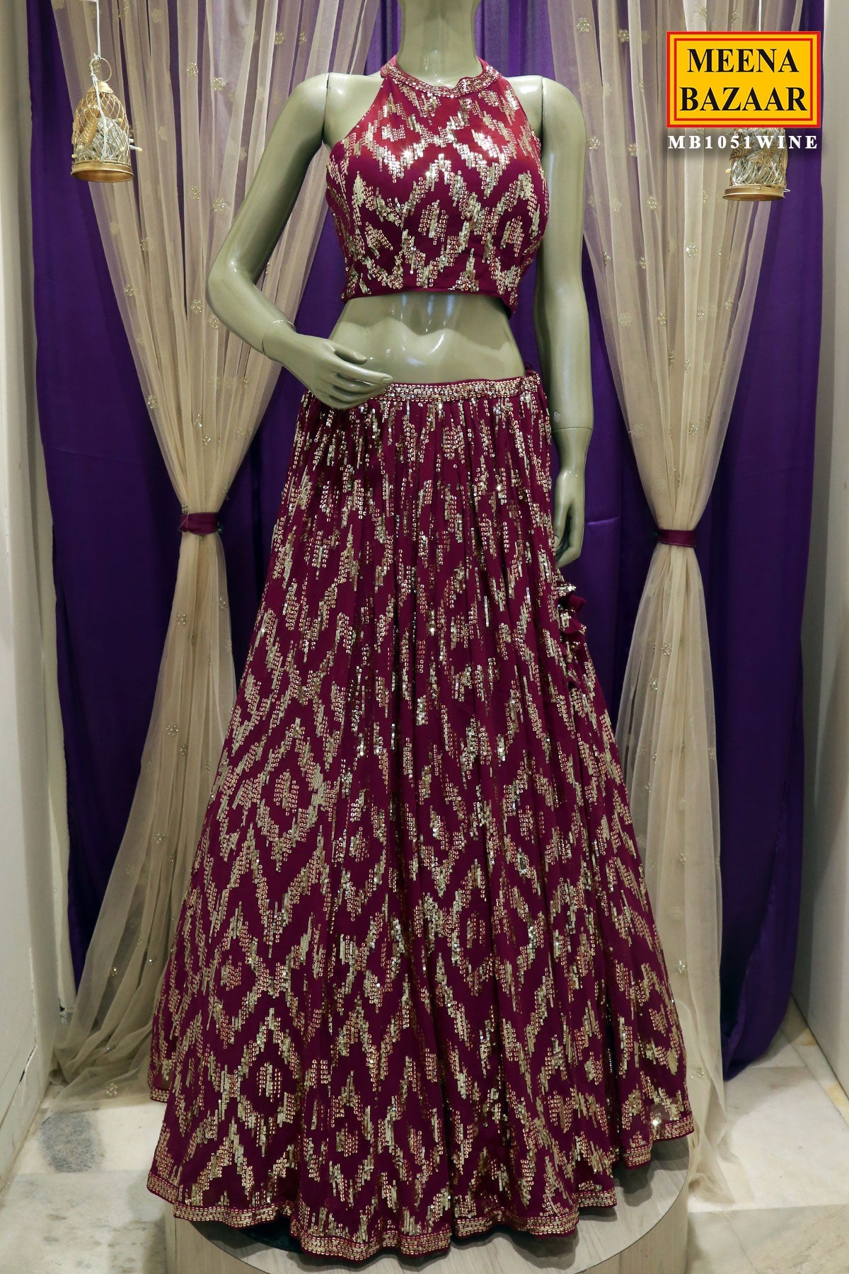 Wine Georgette Sequins Embroidered Lehenga with Dupatta