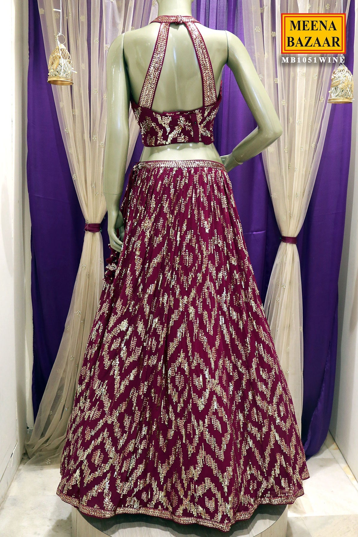 Wine Georgette Sequins Embroidered Lehenga with Dupatta