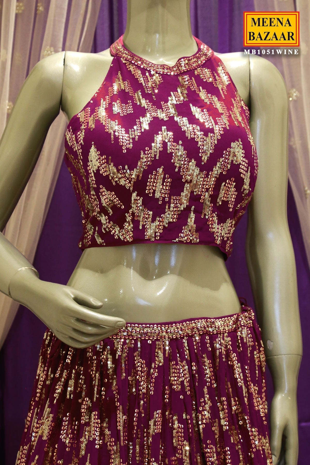 Wine Georgette Sequins Embroidered Lehenga with Dupatta