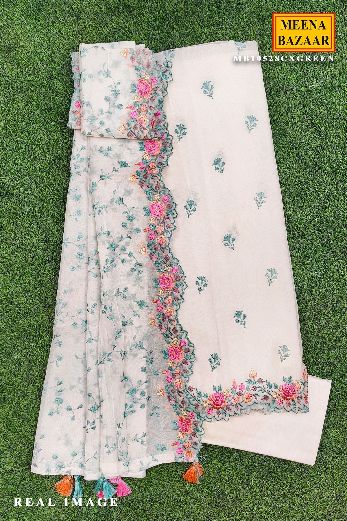 Green Chanderi Unstitched Suit with Elegant Embroidery