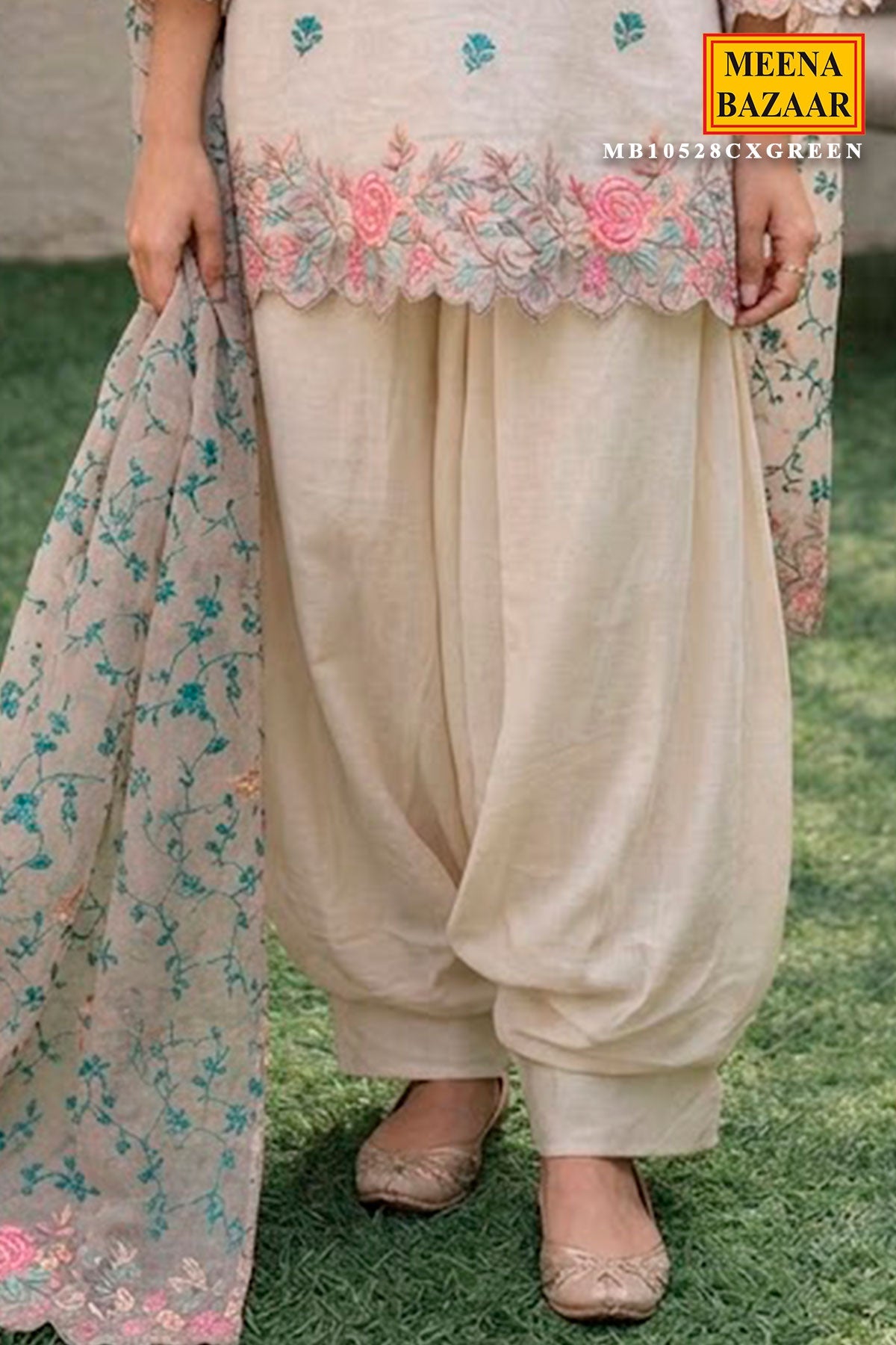 Green Chanderi Unstitched Suit with Elegant Embroidery