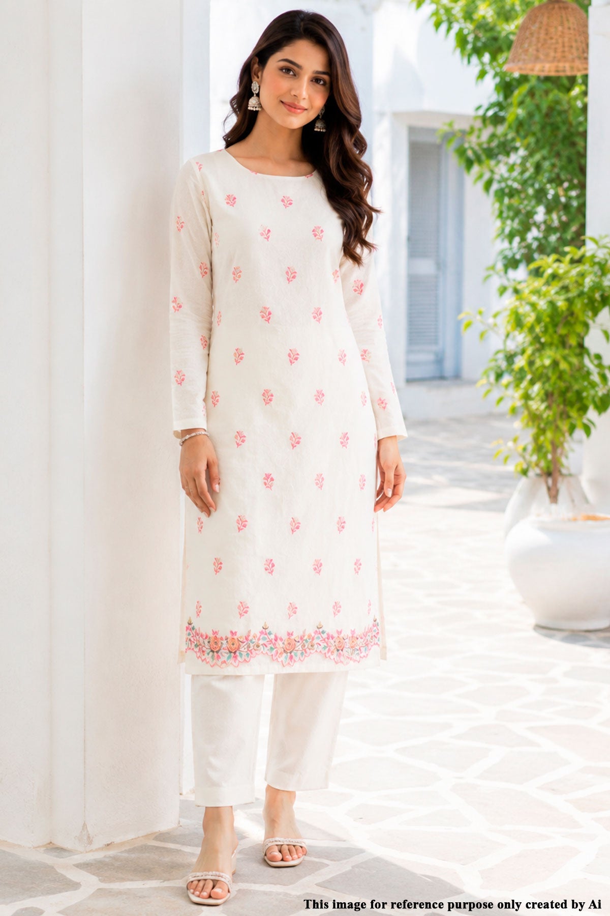 Cream & Pink Embroidered Chanderi Unstitched Suit Set
