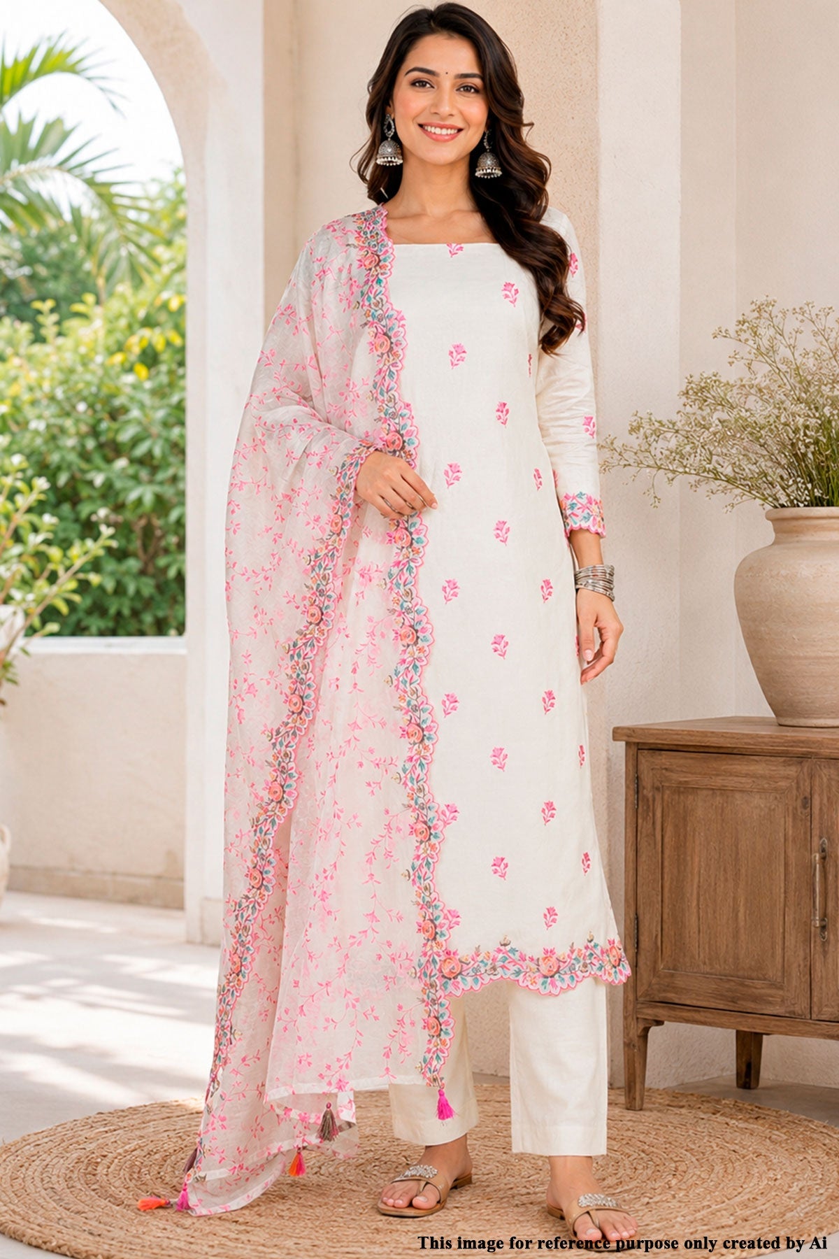 Cream & Pink Embroidered Chanderi Unstitched Suit Set