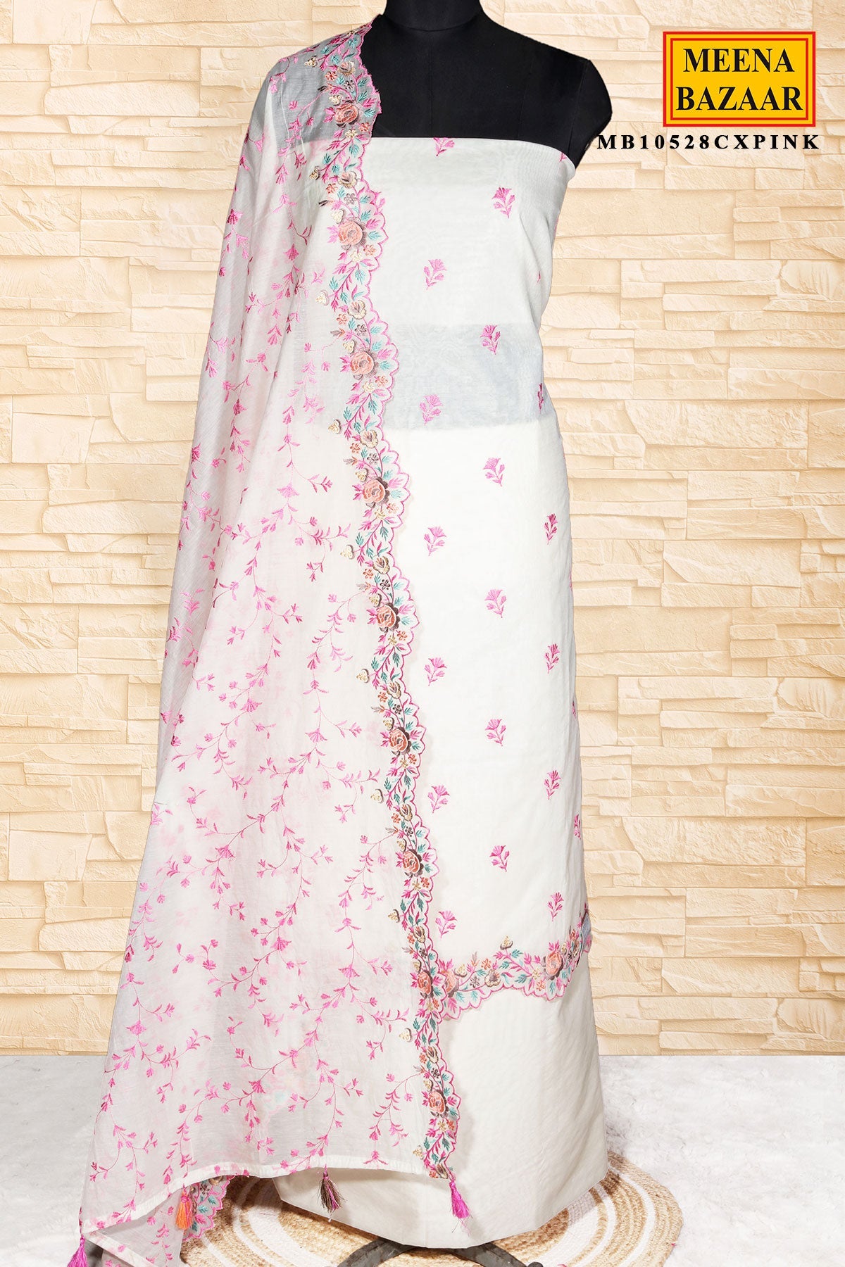 Cream & Pink Embroidered Chanderi Unstitched Suit Set
