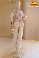 Tussar Floral Embroidered Layered Co Ord Set with Wide-Leg Pants for Women