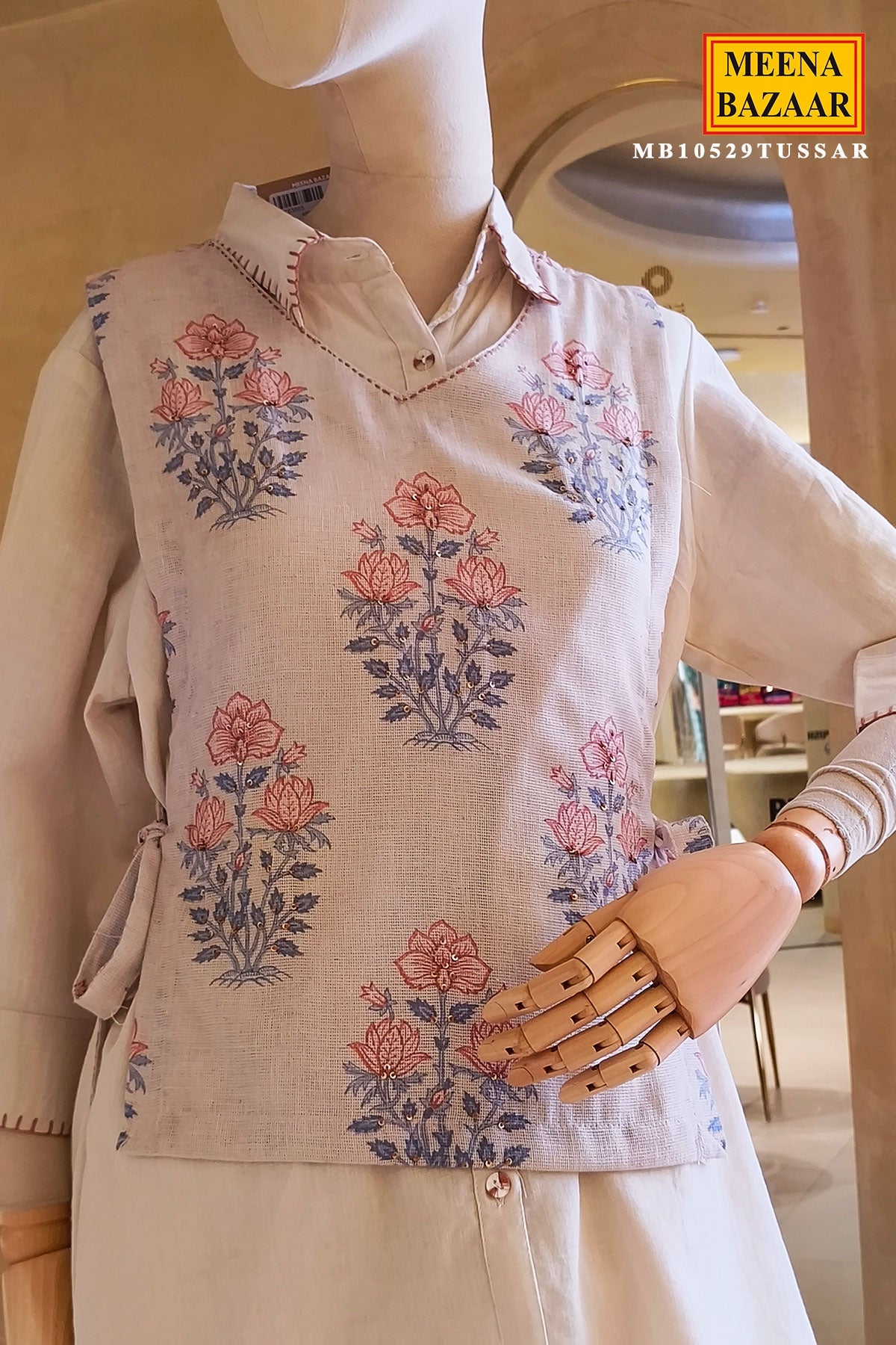 Tussar Floral Embroidered Layered Co Ord Set with Wide-Leg Pants for Women