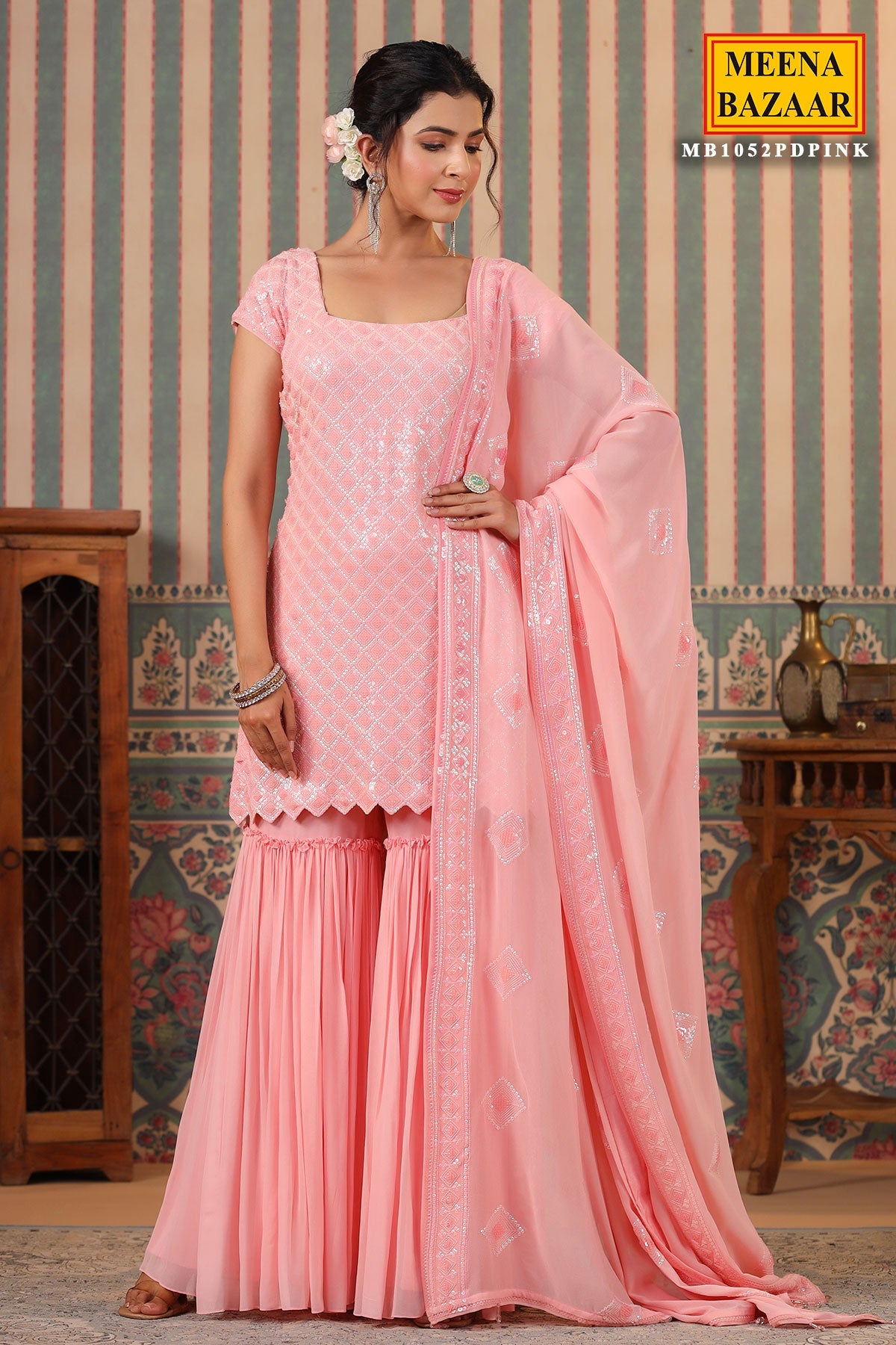 Pink Georgette Sequins Embroidered Sharara Suit
