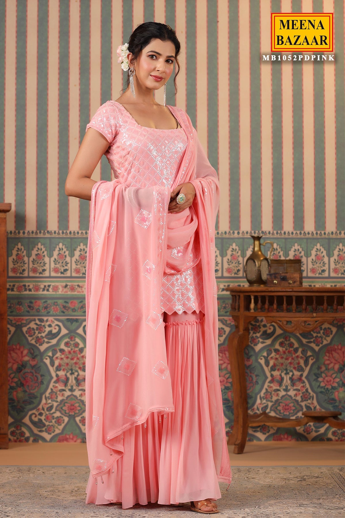 Pink Georgette Sequins Embroidered Sharara Suit