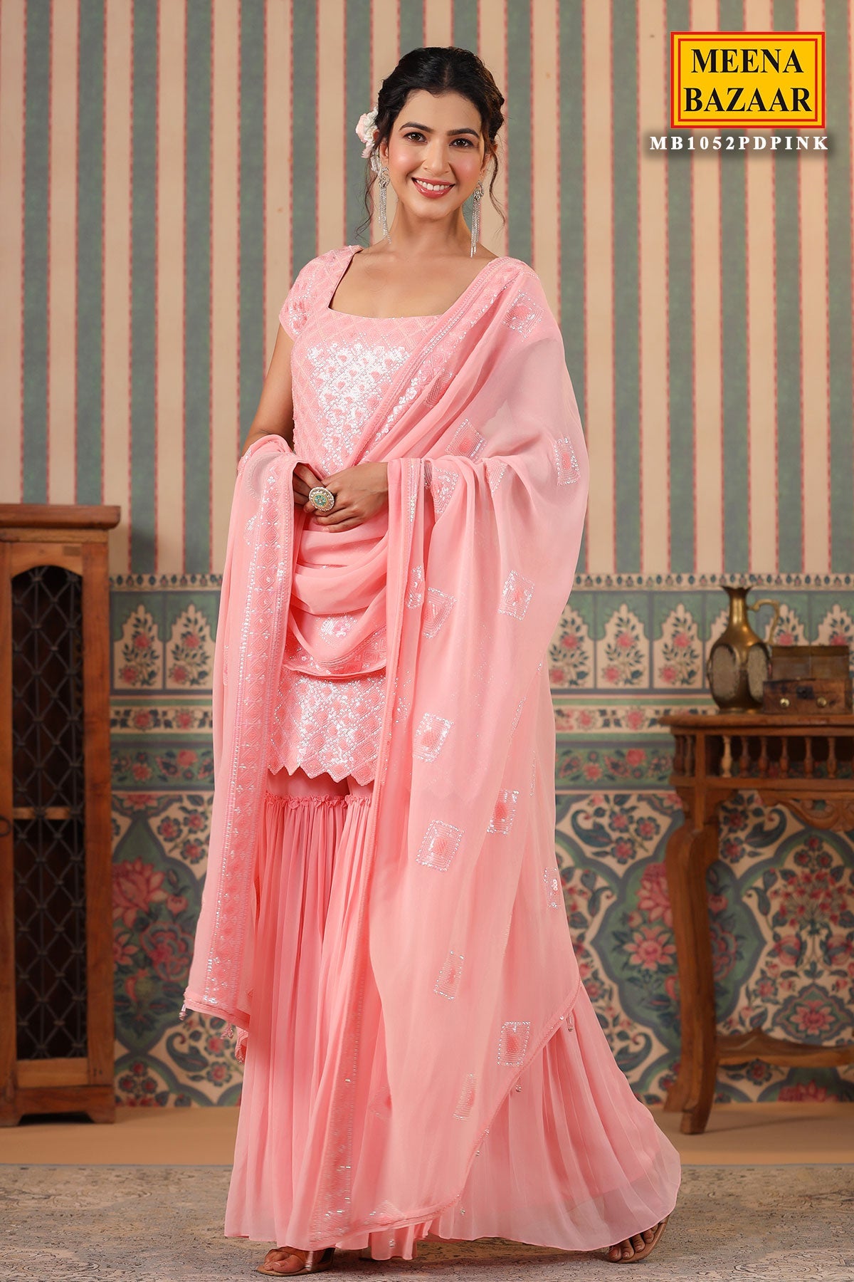 Pink Georgette Sequins Embroidered Sharara Suit