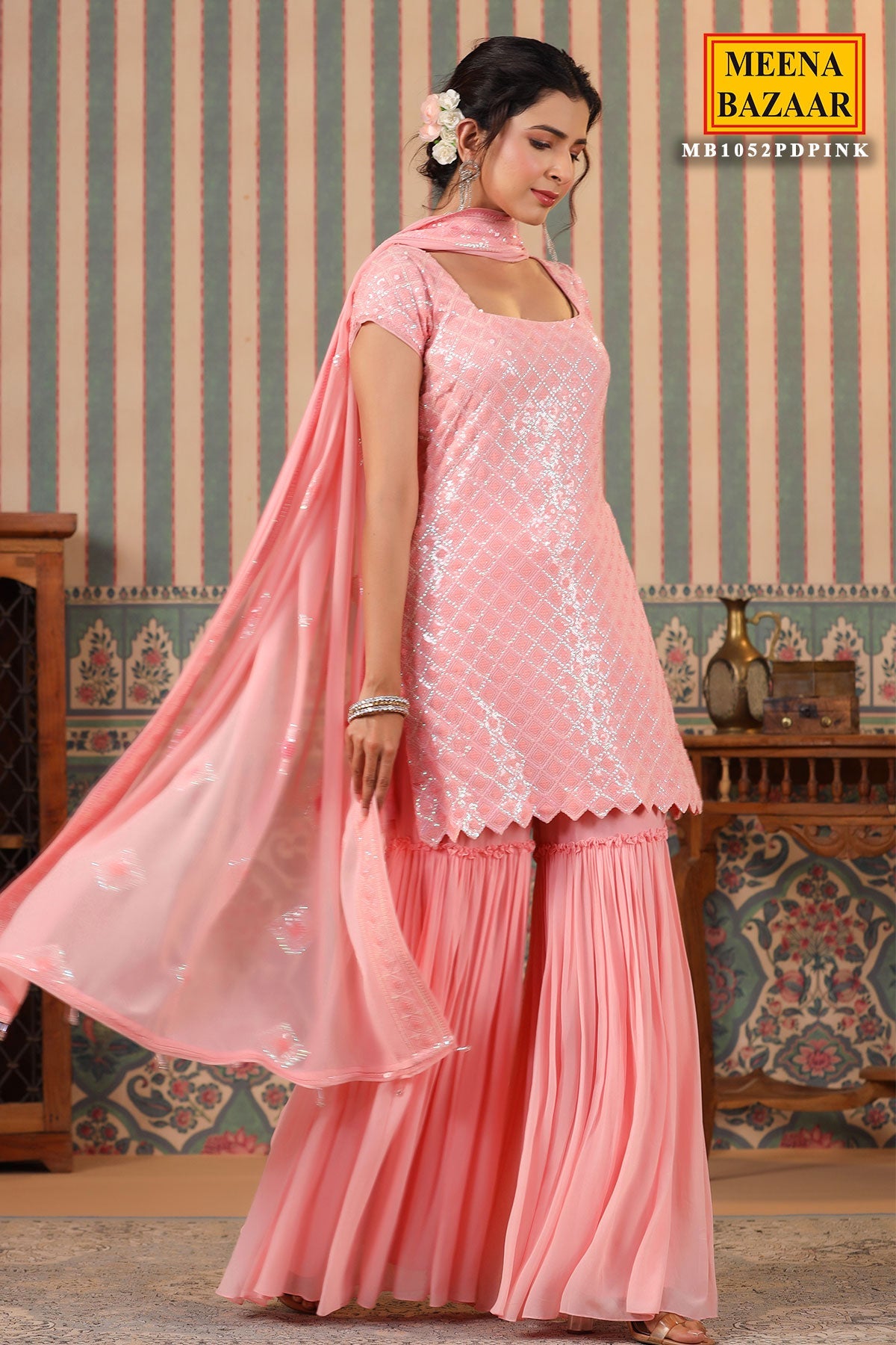 Pink Georgette Sequins Embroidered Sharara Suit