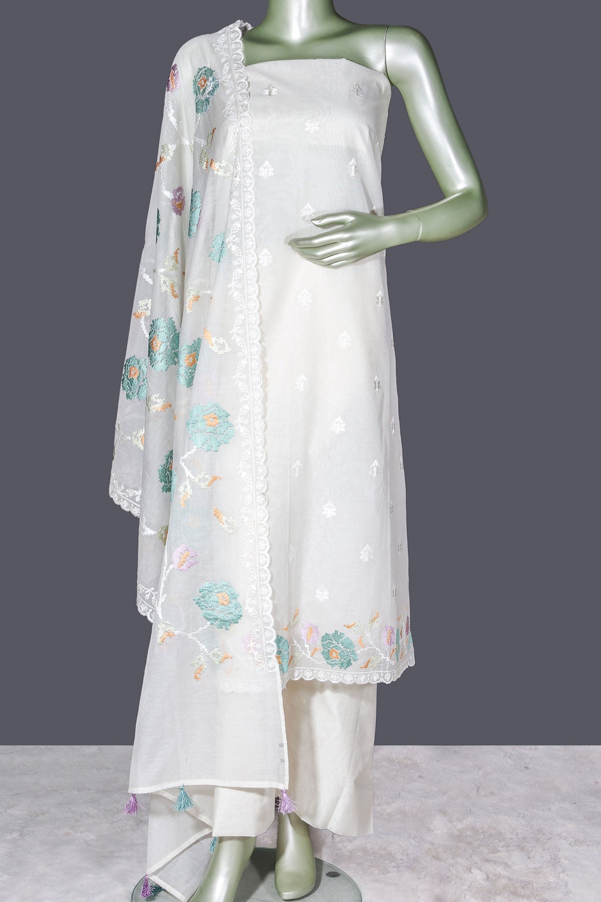 Cream Cotton Unstitched Suit with Embroidery Detail