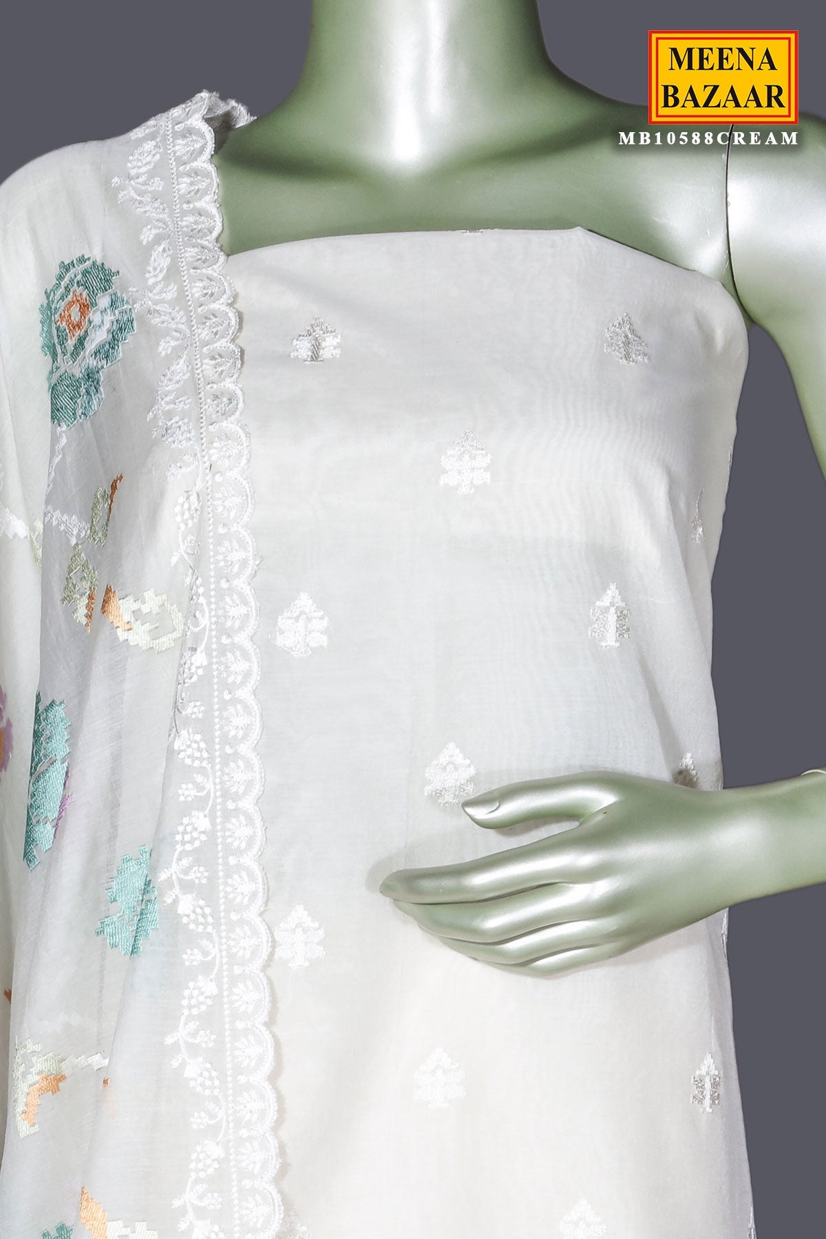 Cream Cotton Unstitched Suit with Embroidery Detail
