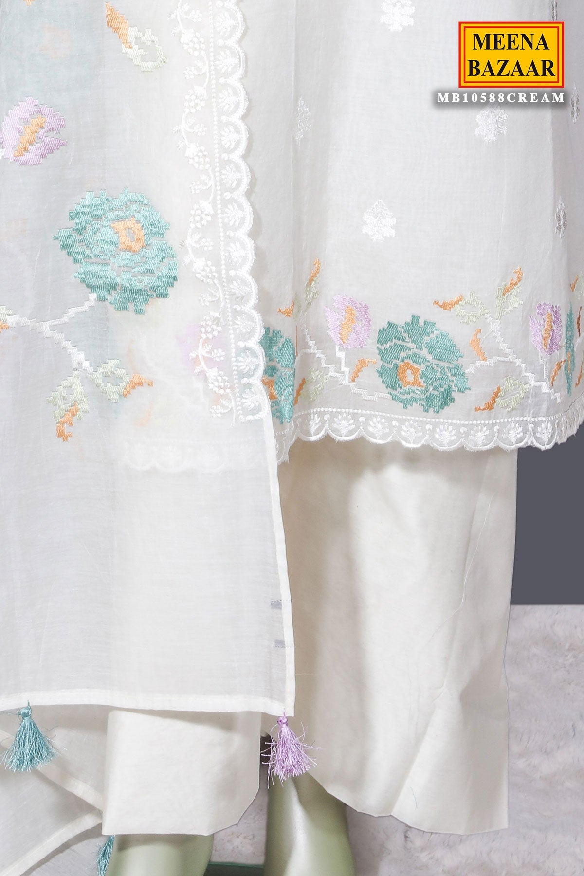 Cream Cotton Unstitched Suit with Embroidery Detail