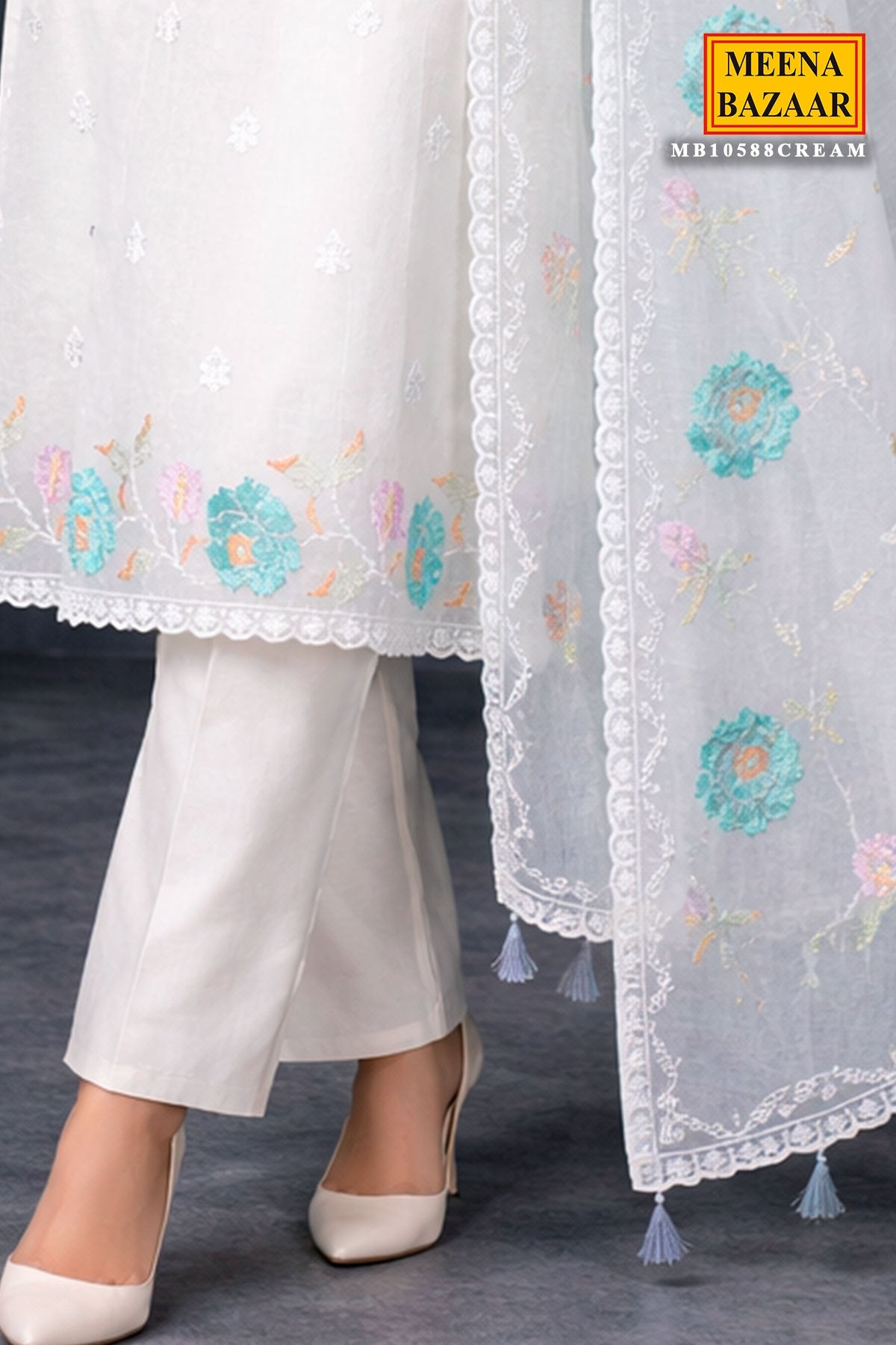 Cream Cotton Unstitched Suit with Embroidery Detail