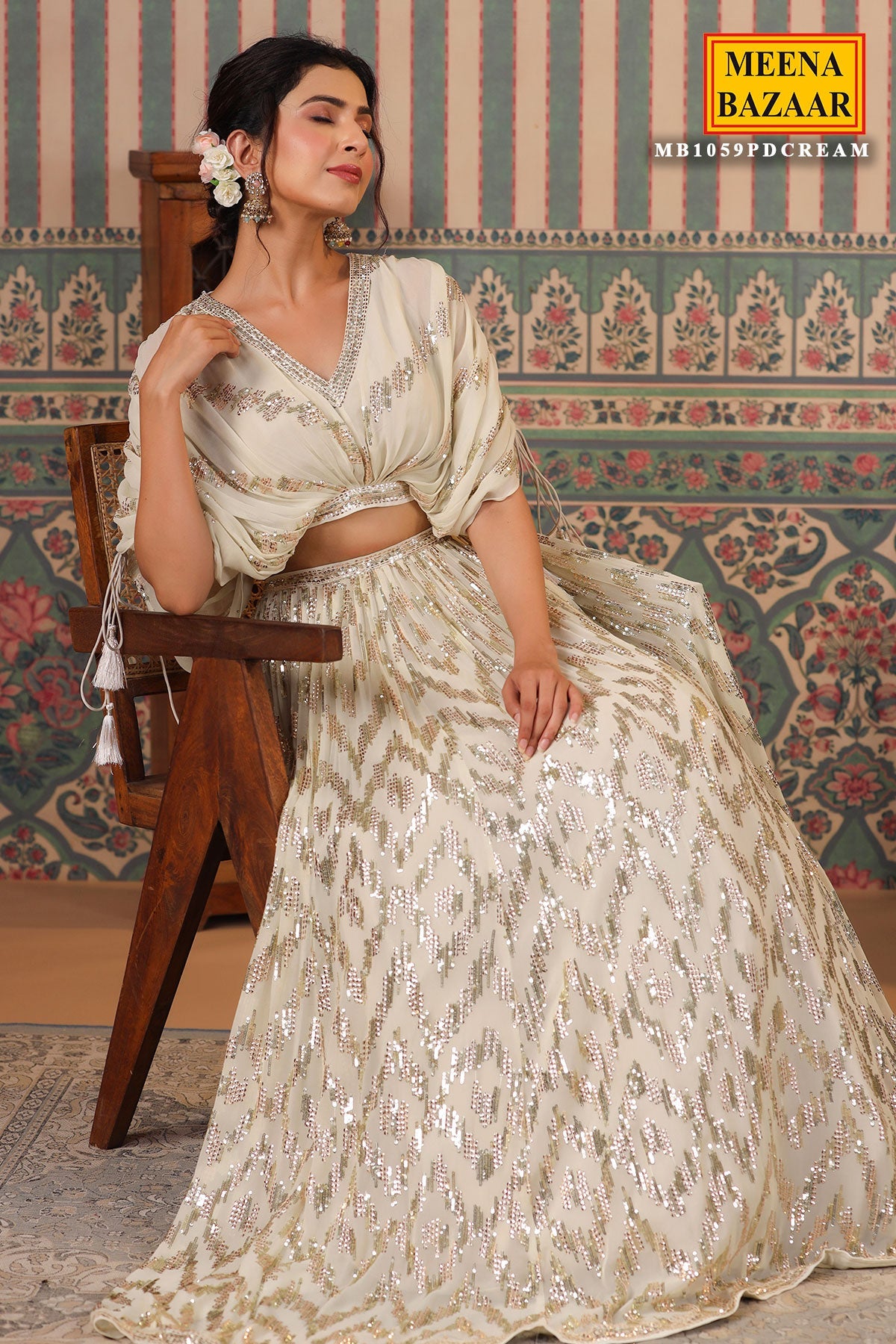 Cream Georgette Sequins Embroidered Lehenga Elegant Wedding & Party Wear