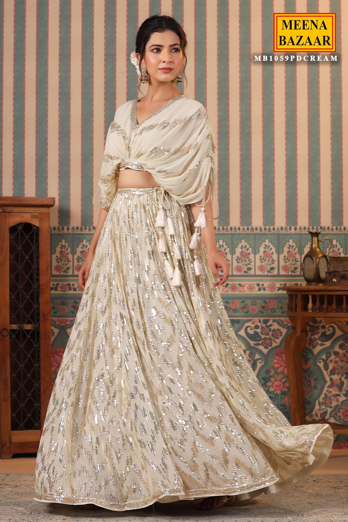 Cream Georgette Sequins Embroidered Lehenga Elegant Wedding & Party Wear