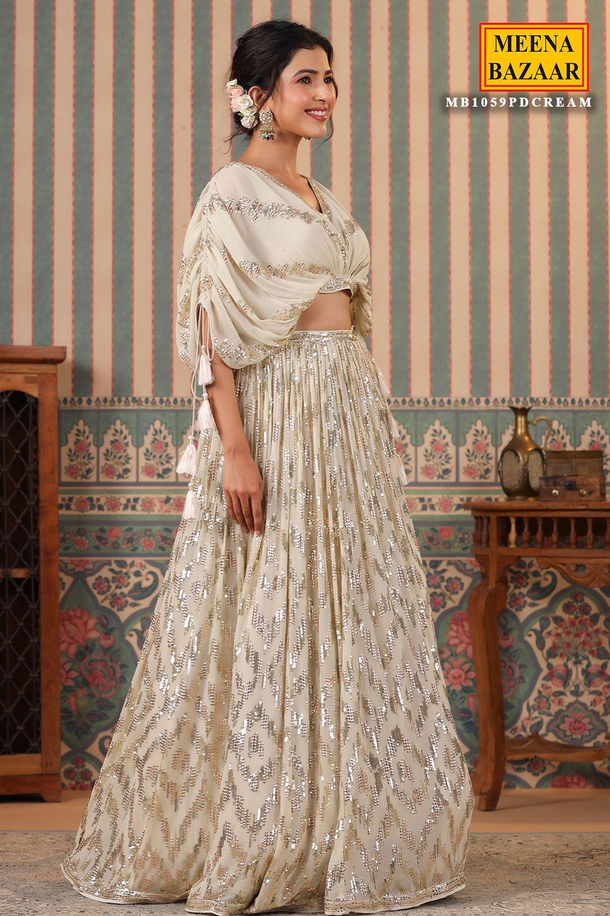 Cream Georgette Sequins Embroidered Lehenga Elegant Wedding & Party Wear