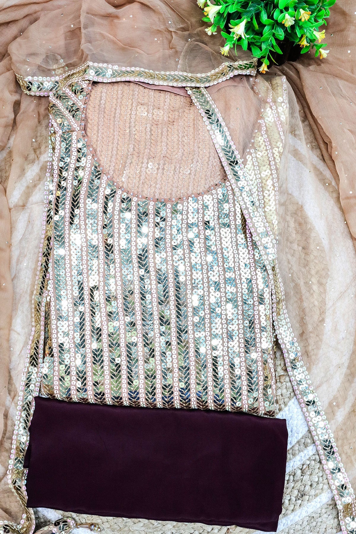 Wine & Brown Ombre Print Georgette Sequin Embroidered Unstitched Suit