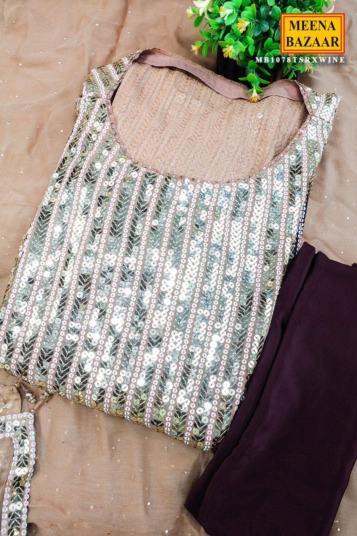 Wine & Brown Ombre Print Georgette Sequin Embroidered Unstitched Suit