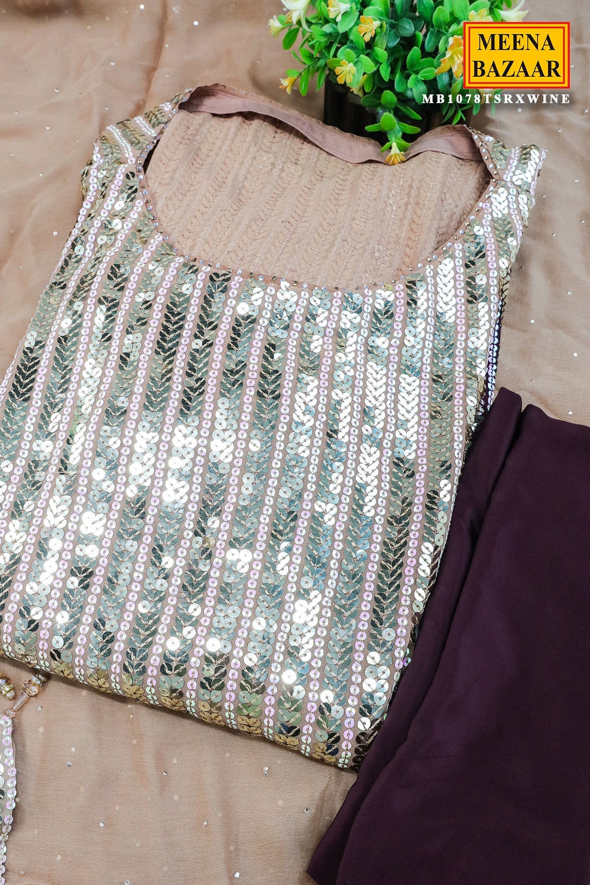 Wine & Brown Ombre Print Georgette Sequin Embroidered Unstitched Suit
