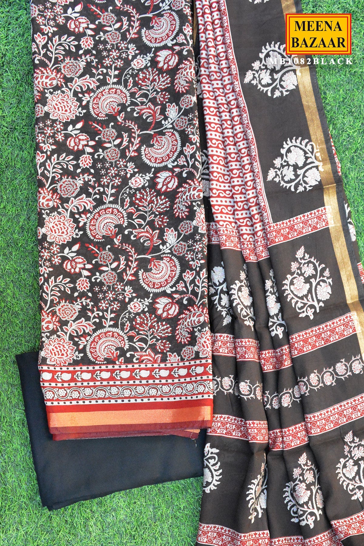 Black Printed Cotton Suit Set with Floral Dupatta
