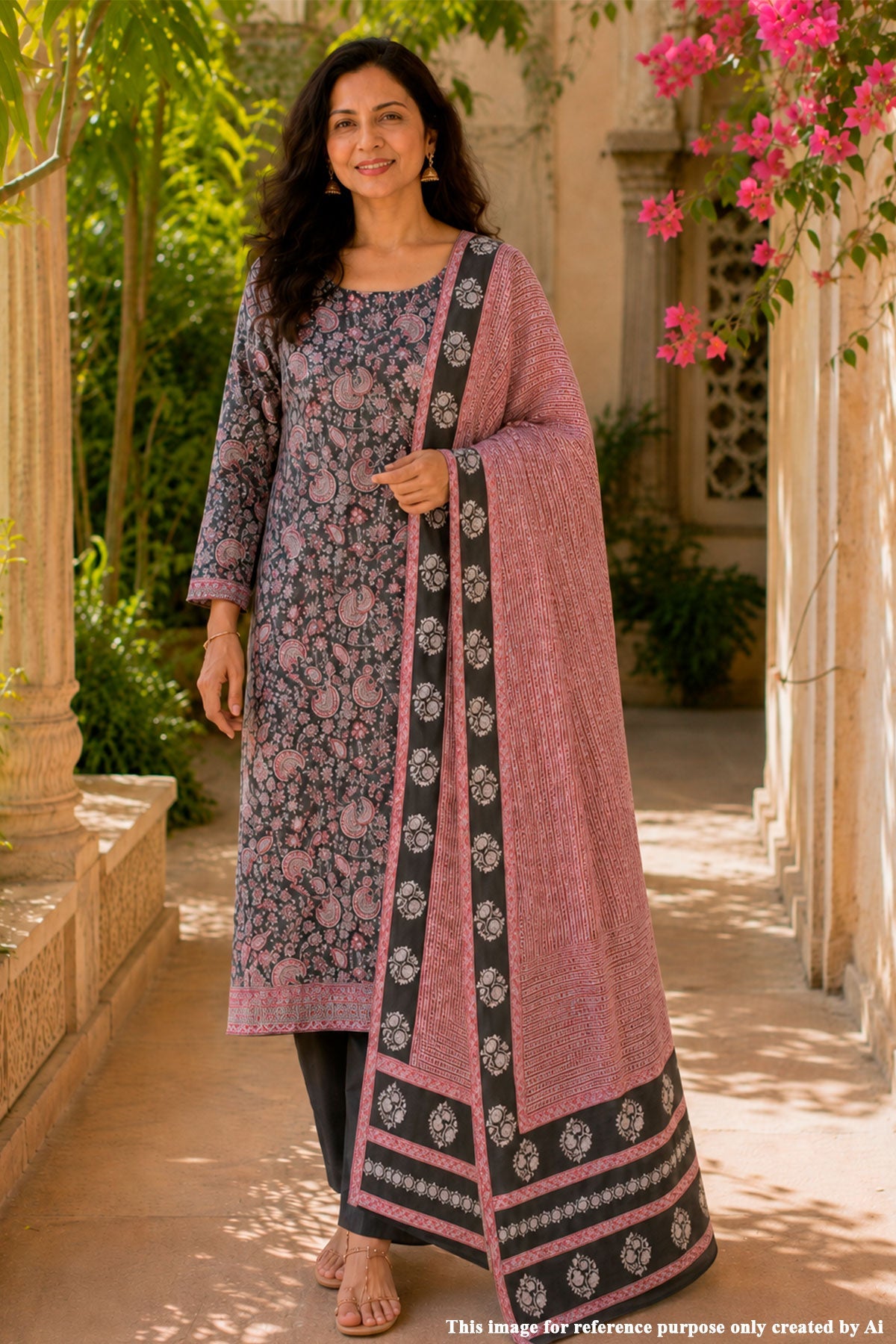 Black Printed Cotton Suit Set with Floral Dupatta