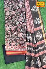 Black Printed Cotton Suit Set with Floral Dupatta