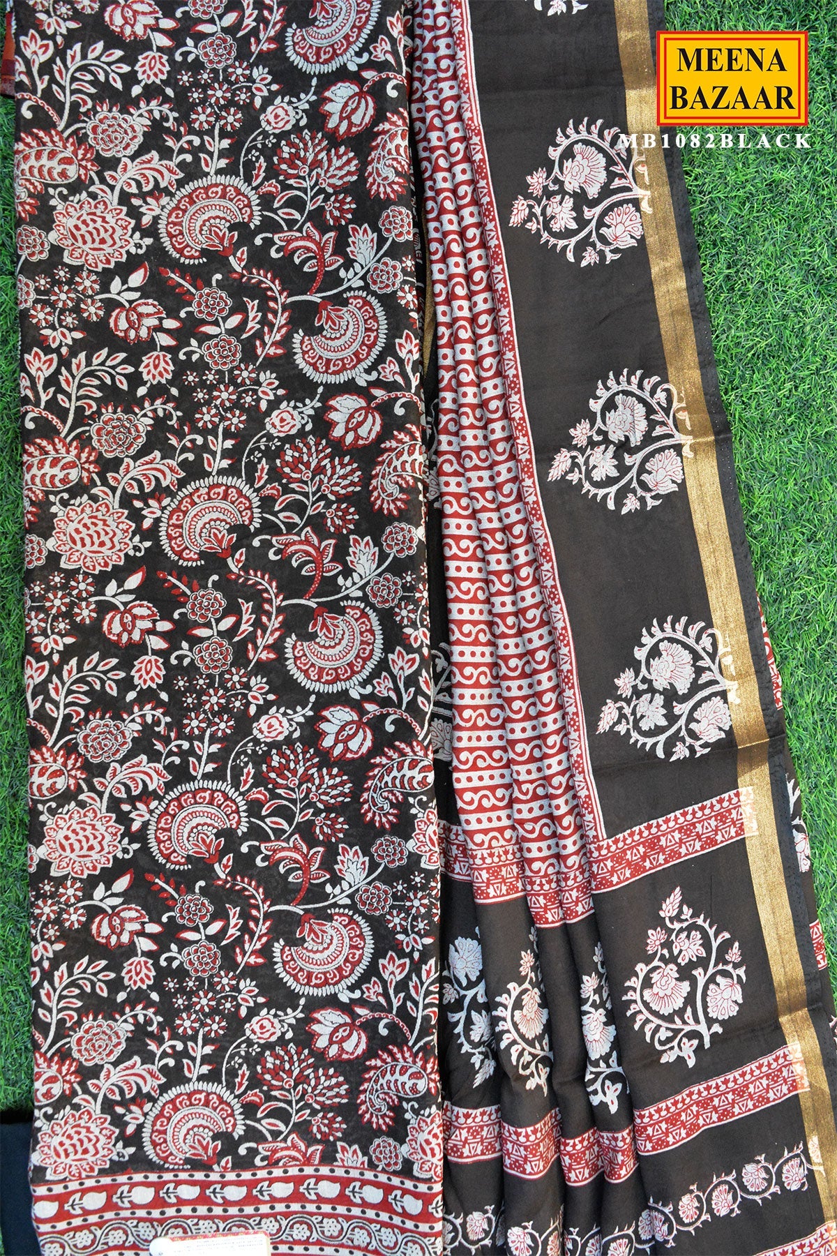 Black Printed Cotton Suit Set with Floral Dupatta