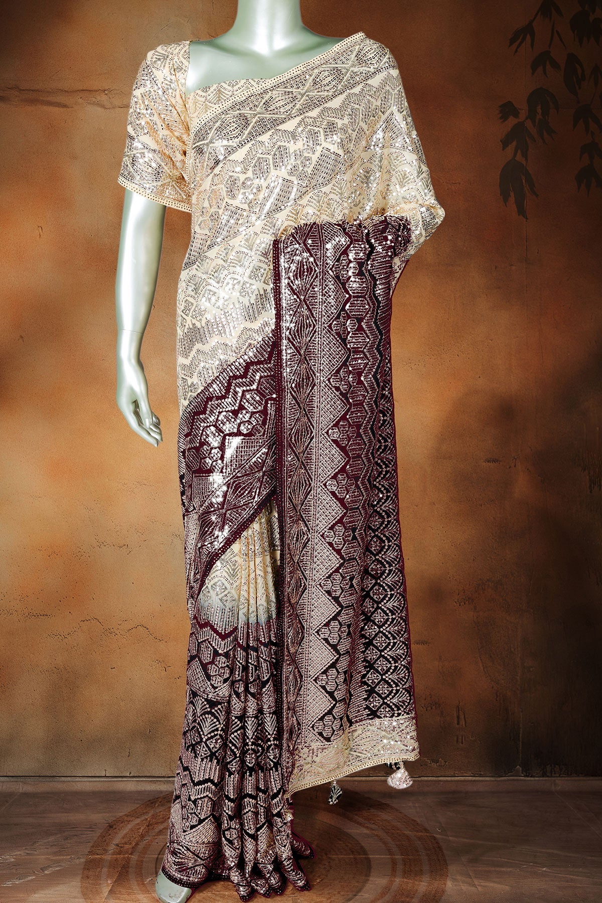 Wine Georgette Sequin Embroidered Saree