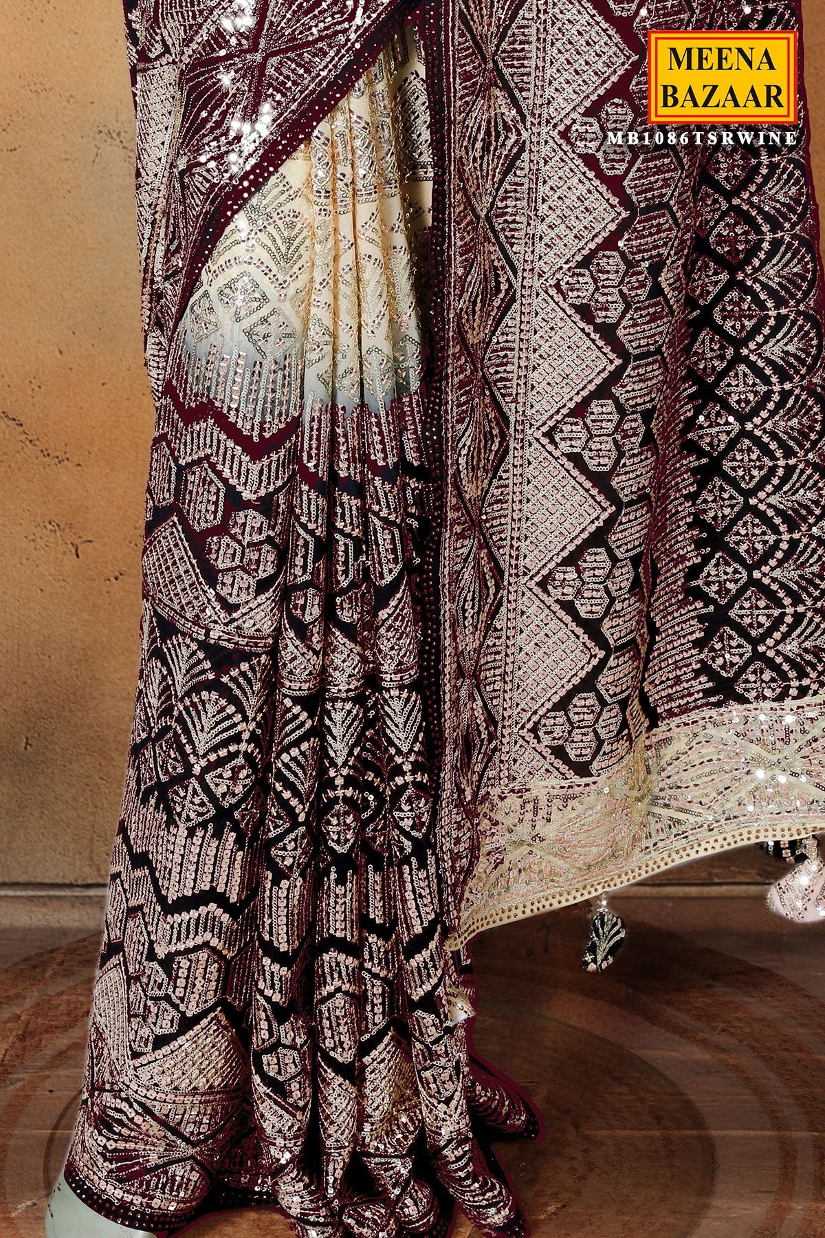 Wine Georgette Sequin Embroidered Saree